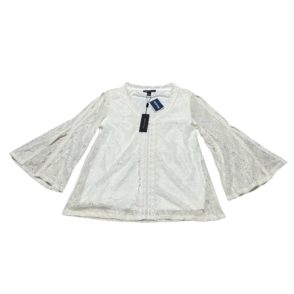 NWT Cable & Gauge Women's Bell Sleeve Lace Blouse Top V Neck Size M 18 x 23